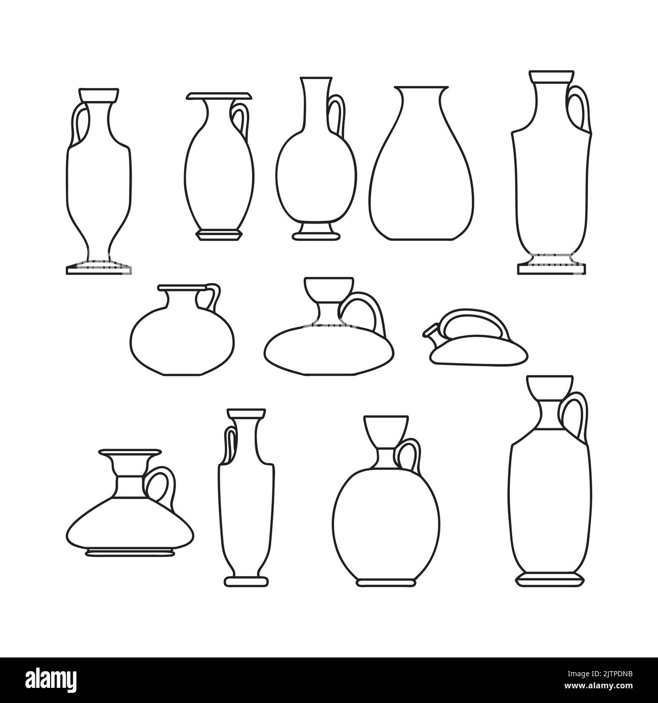Sketch outline of ceramic vases set. Ancient Greek, Roman jar with two handles and a narrow neck. Line art vintage amphora, pots, cups isolated black Stock Vector
