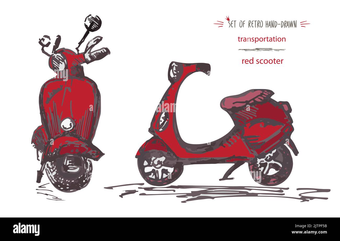 Set of hand-drawn red scooters. Ink brush sketch Stock Vector Image ...