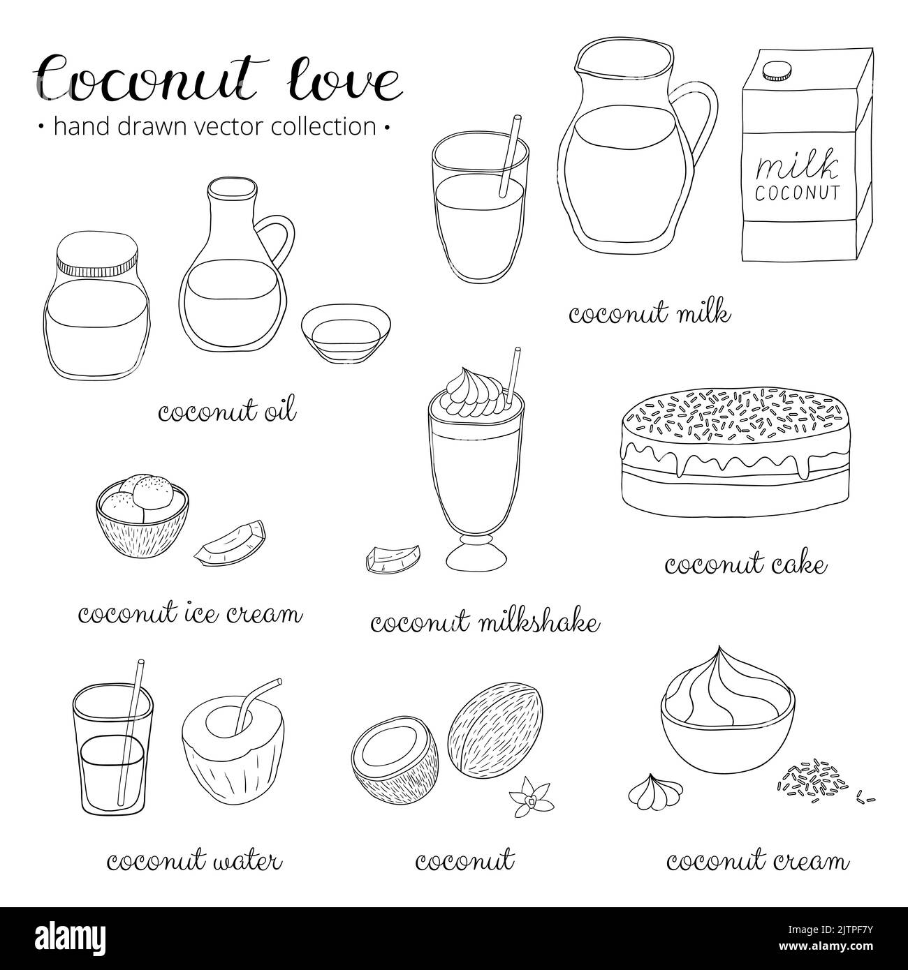 Hand drawn outline coconut oil, milk, ice cream, cake, water, cream