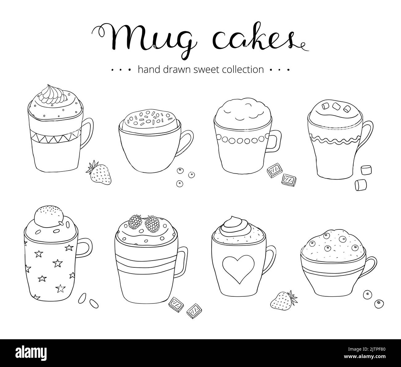 Collection of cute doodle mug cakes. Portional cakes in coffee mugs. Chocolate cake, berry cake, cake with ice cream. Can be used for recipes, postcar Stock Vector