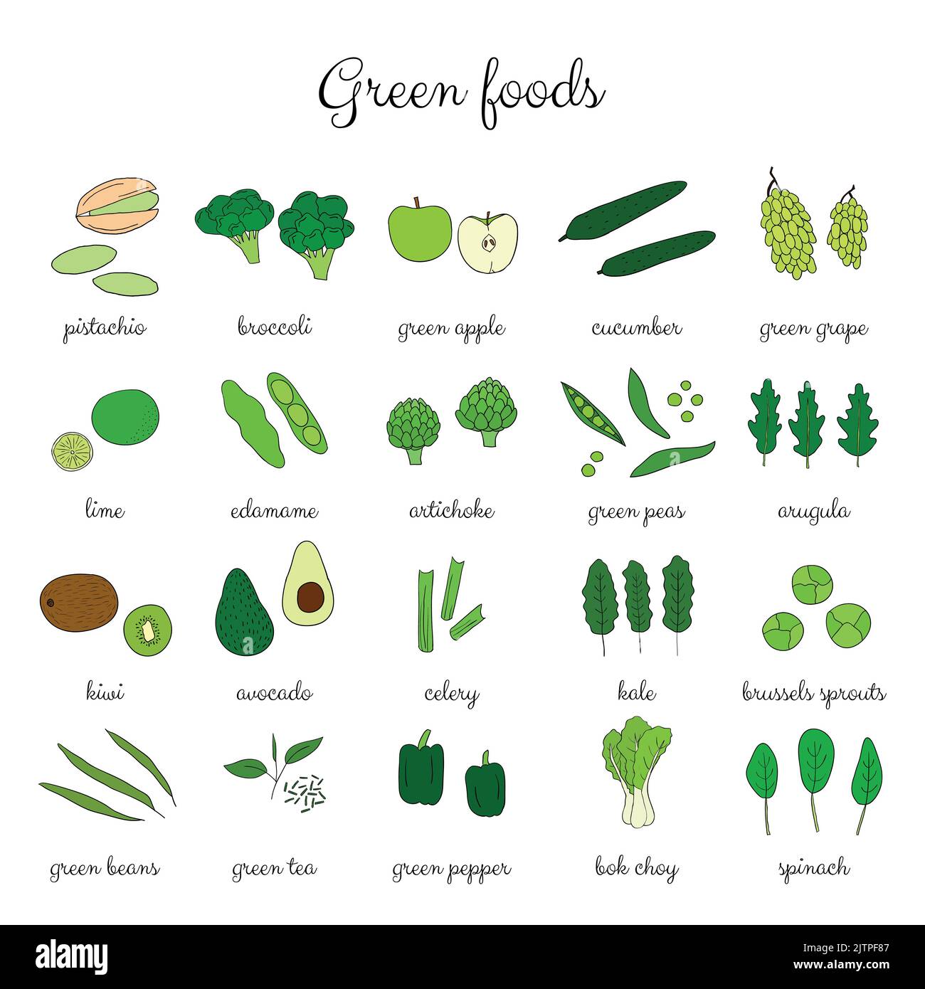 Hand drawn green fruits and vegetables isolated on white background