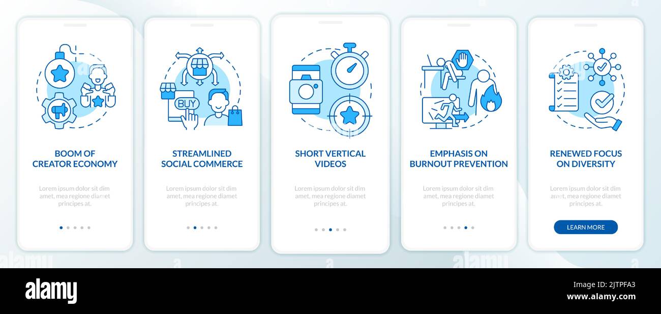 Social media trends blue onboarding mobile app screen Stock Vector ...