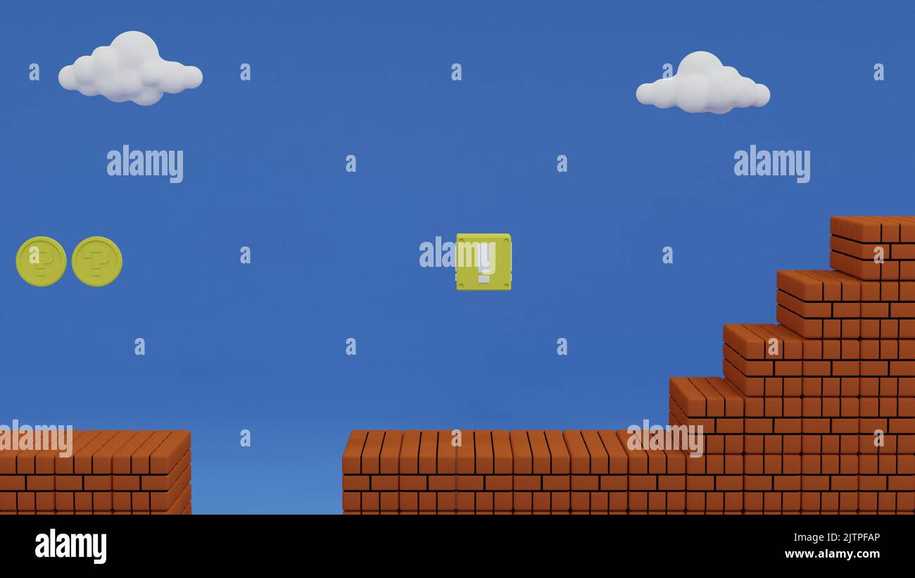 Old arcade video game with pit and stairs scene with levitating yellow ...