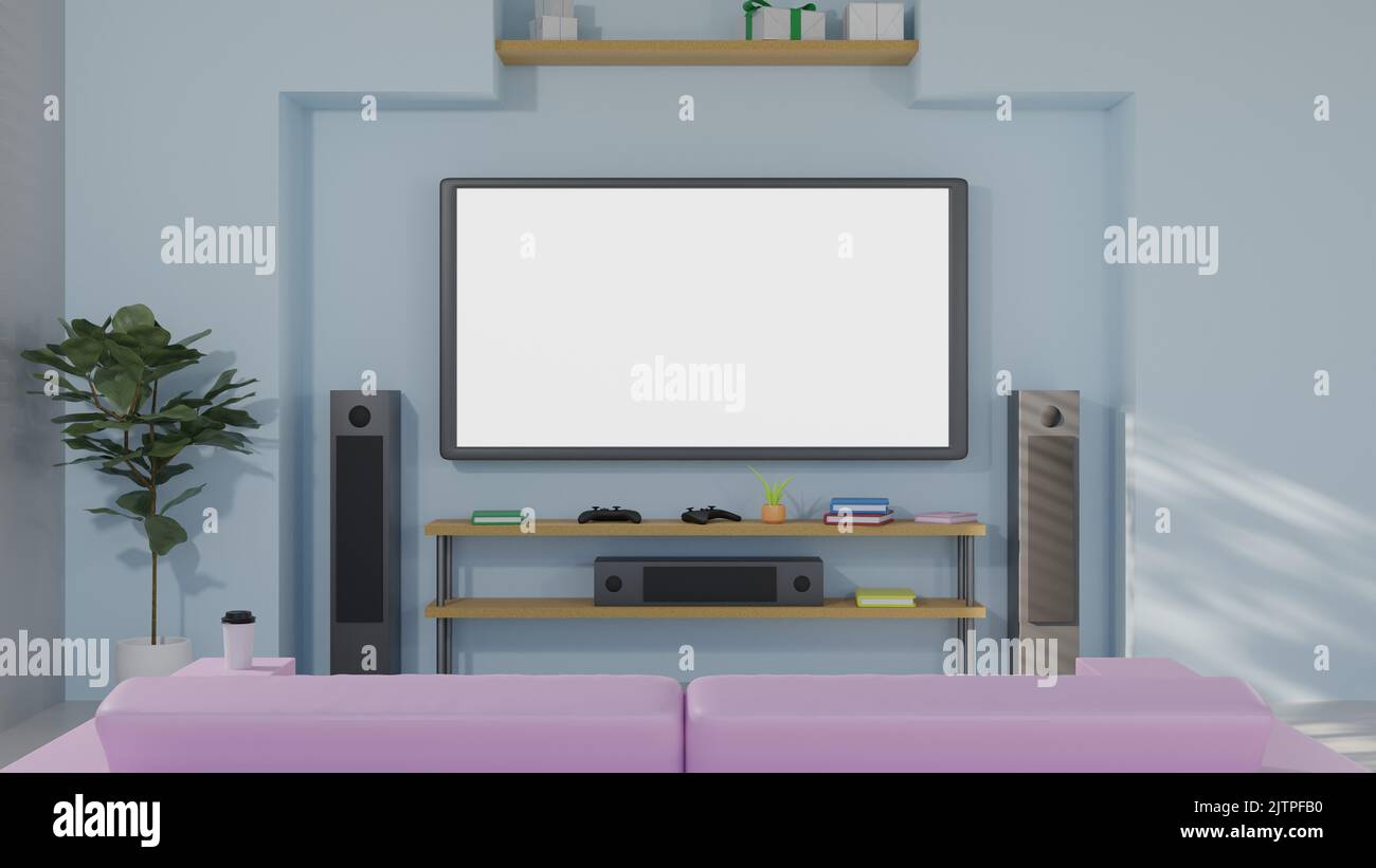 Blank screen television or display monitor in living room with