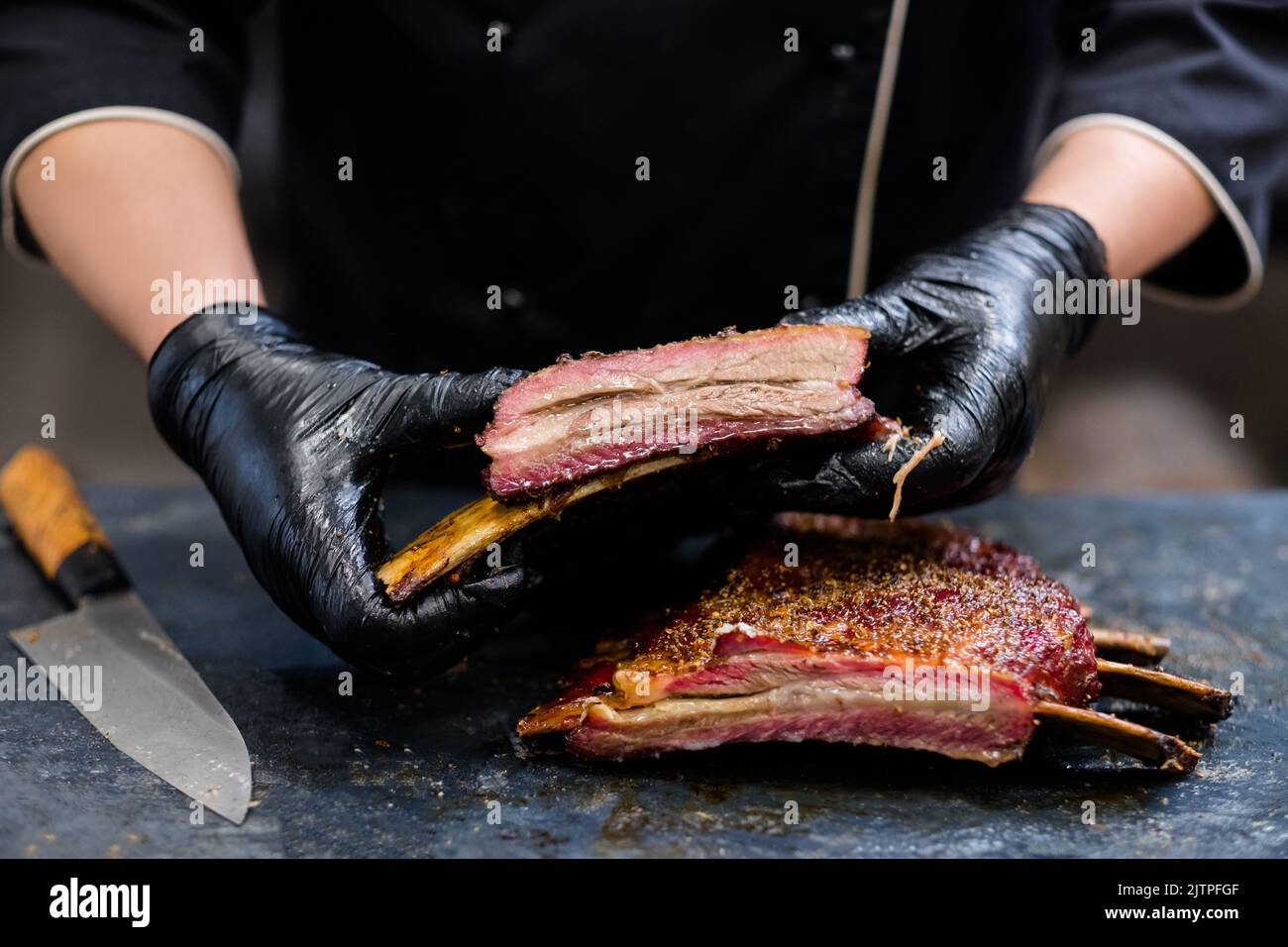 grill restaurant kitchen chef smoked beef ribs Stock Photo