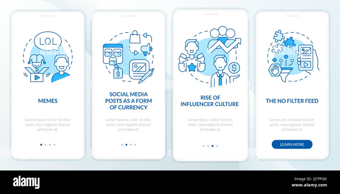 Social media tendencies blue onboarding mobile app screen Stock Vector ...