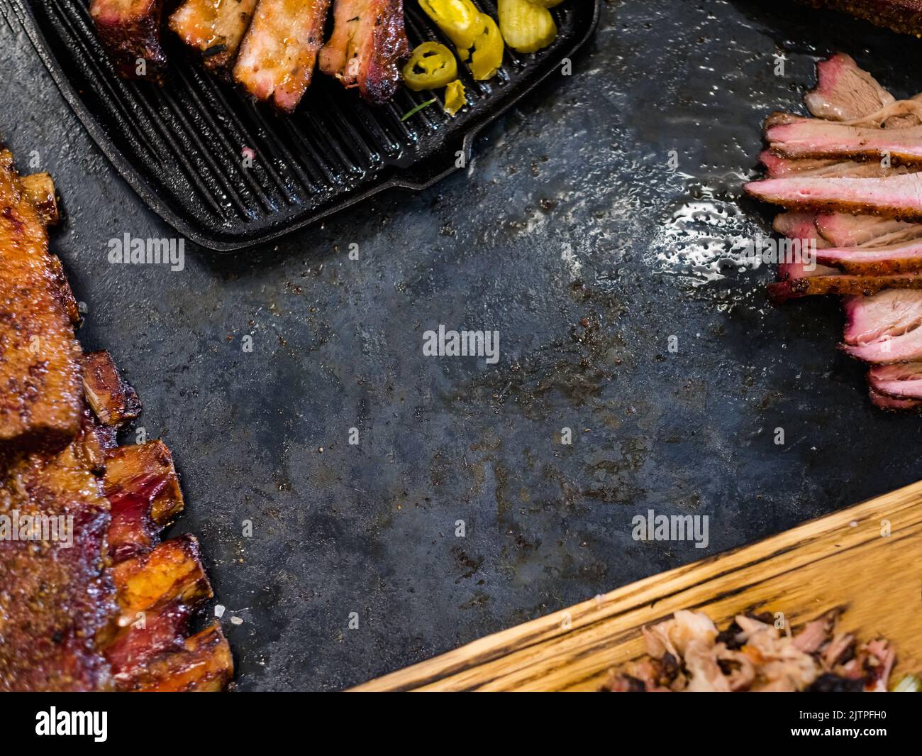 smoked meat assortment beef brisket pulled pork Stock Photo Alamy