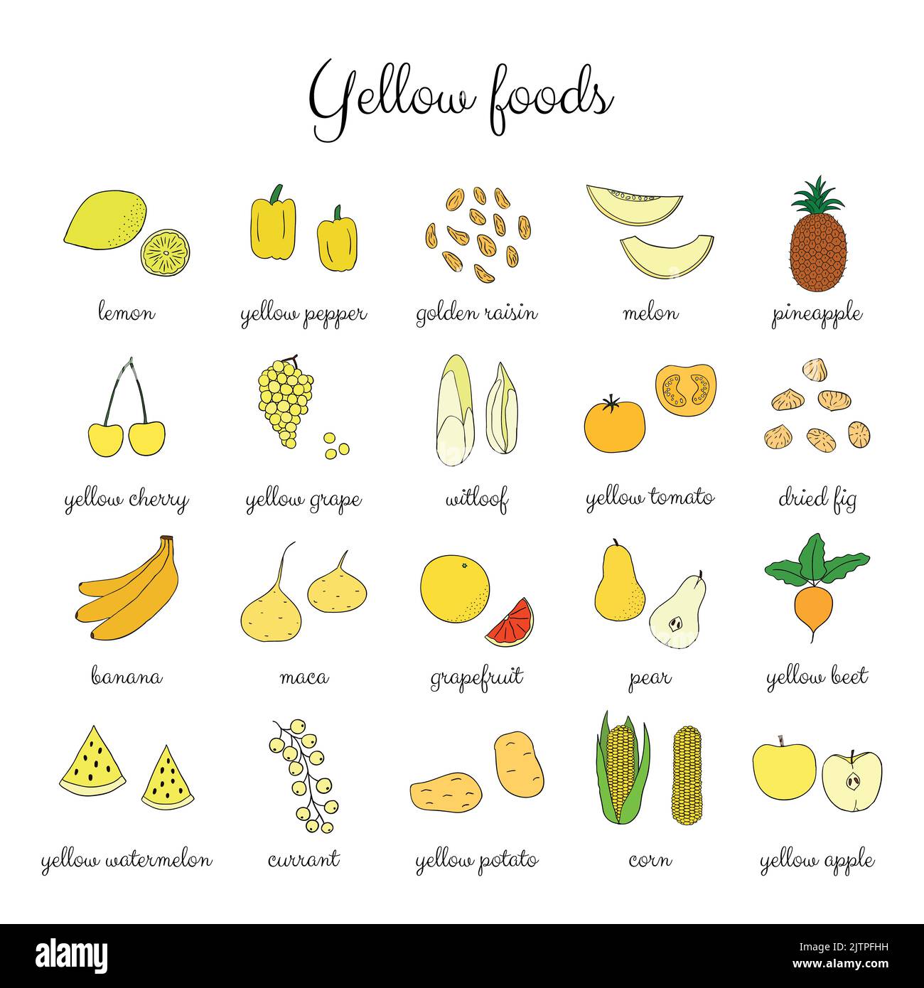 Hand drawn yellow fruits, berries and vegetables isolated on white background Stock Vector Image