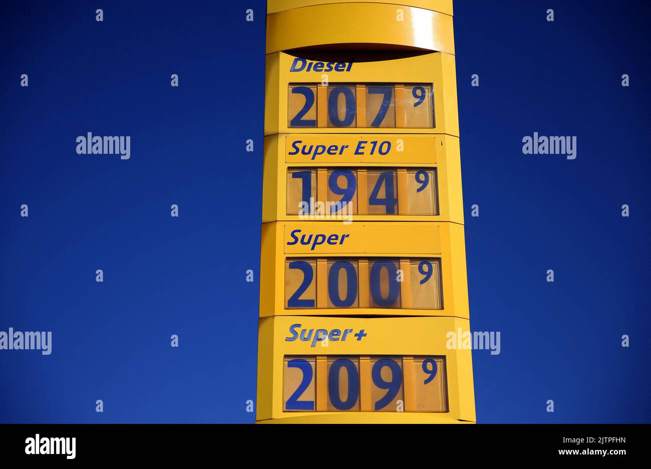 Petrol prices are displayed on an indicator board at a filling station after the end of the fuel discount in Berlin, Germany, September 1, 2022. REUTERS/Lisi Niesner Stock Photo