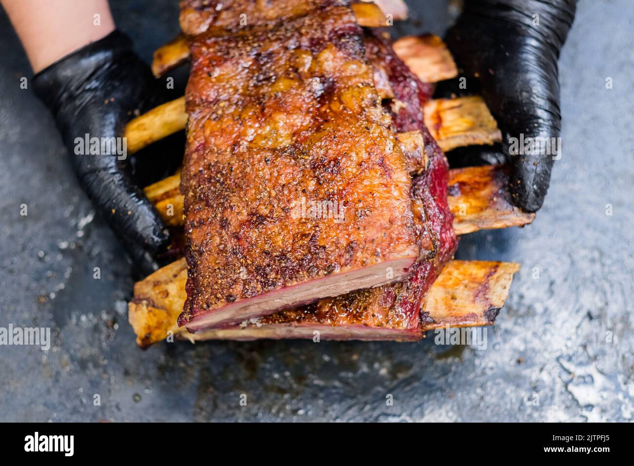 grill restaurant kitchen chef smoked beef ribs Stock Photo