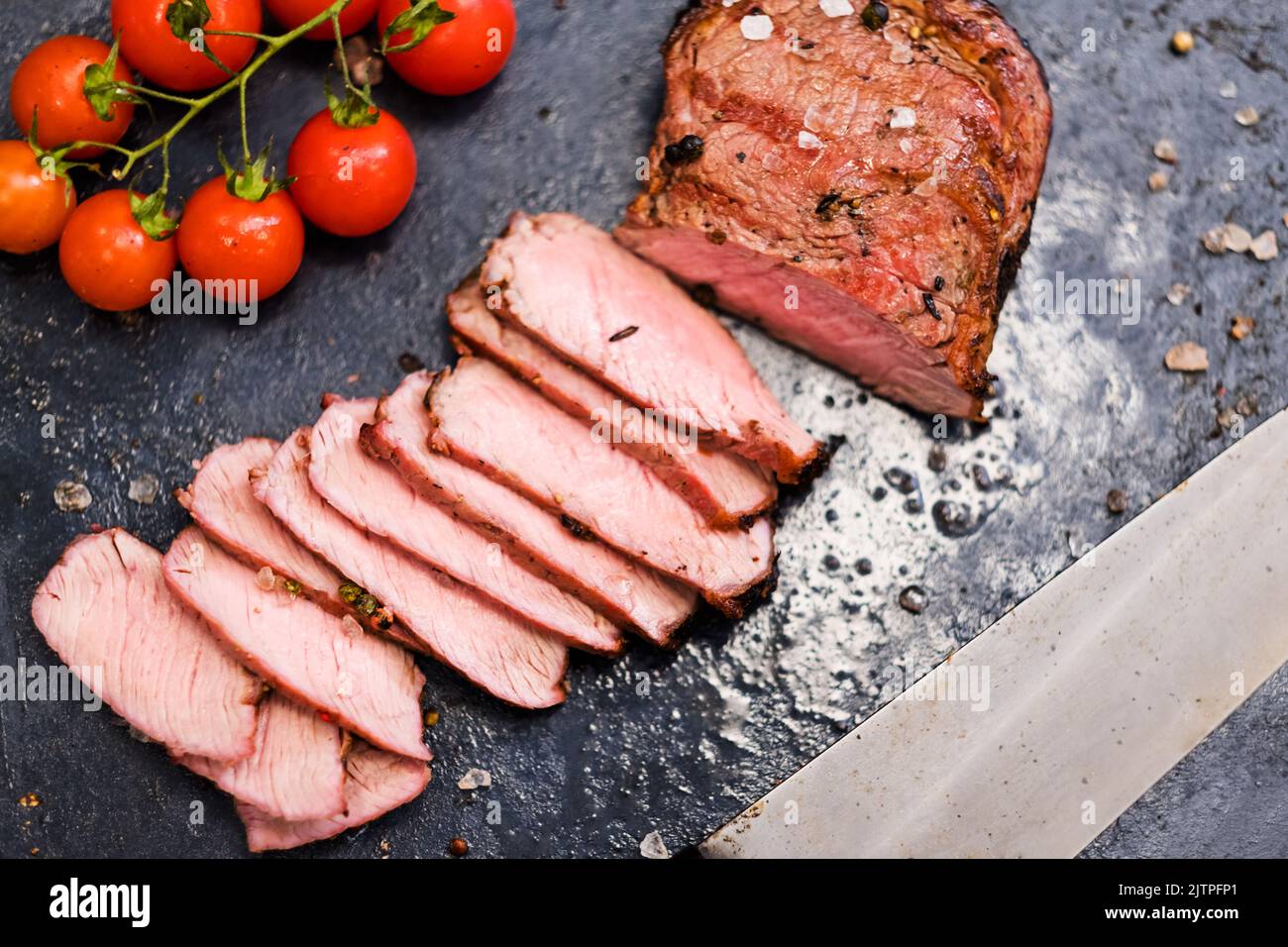catering service rib eye steak sliced beef meat Stock Photo Alamy