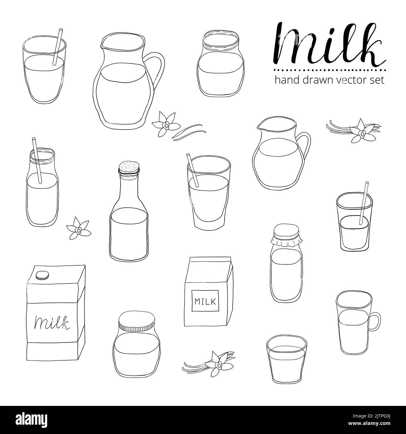 Hand drawn outline milk in different packages isolated on white