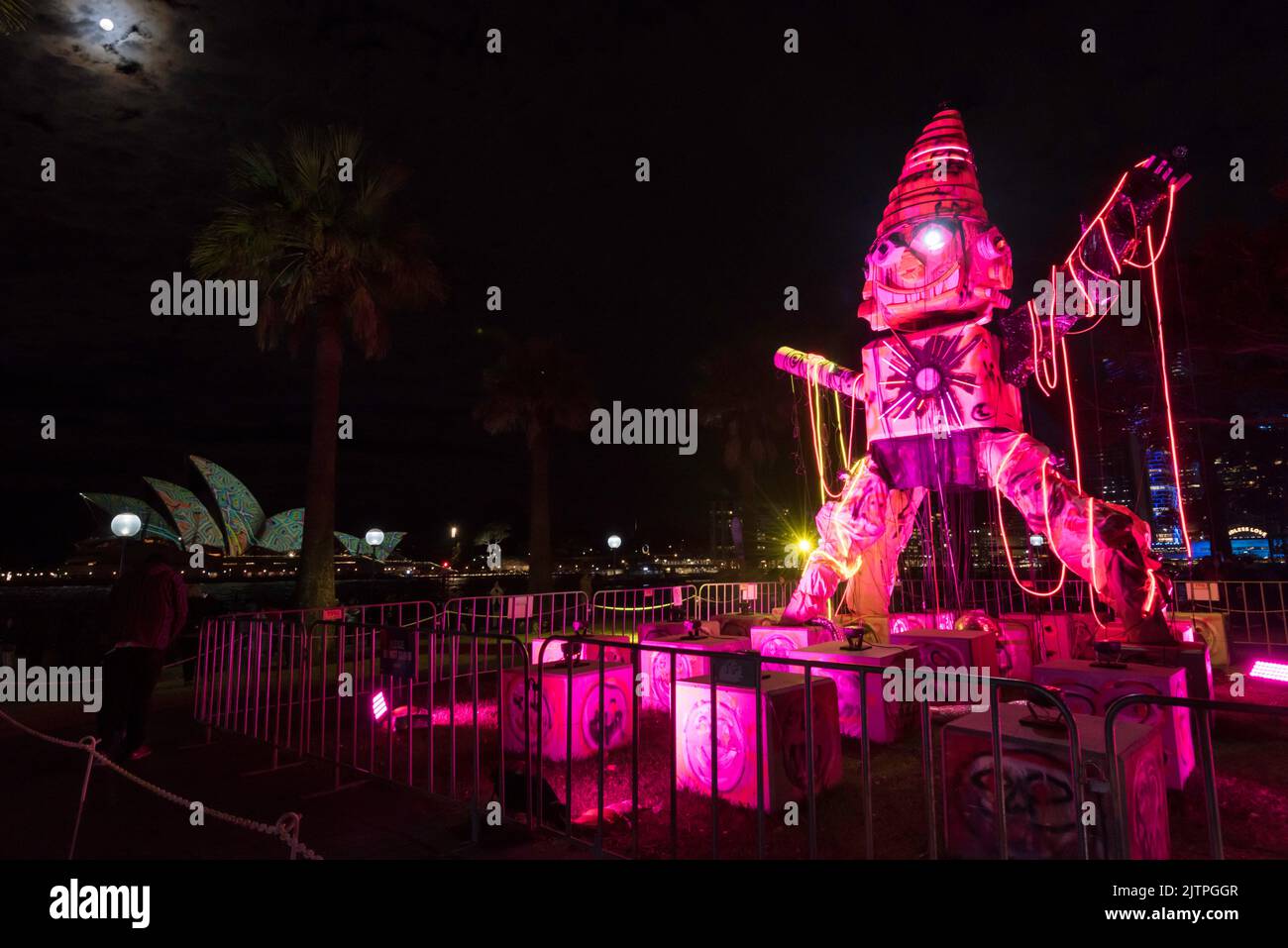 The contemporary sculpture Earth Deities by Ramesh Nithiyendran fills Dixon Park in Sydney with light and sound during Vivid Sydney 2022 Stock Photo