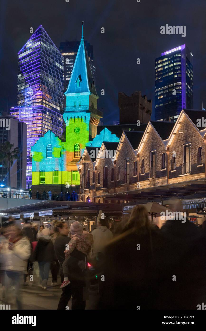 Created by Luca French and Spinifex Group, Ninget Universe colourfully lights the heritage Australian Steam Navigation Co. building during Vivid 2022 Stock Photo