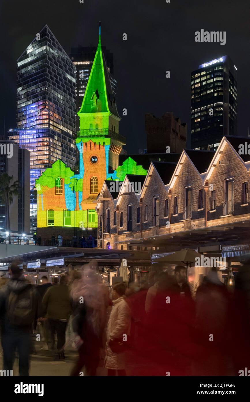 Created by Luca French and Spinifex Group, Ninget Universe colourfully lights the heritage Australian Steam Navigation Co. building during Vivid 2022 Stock Photo