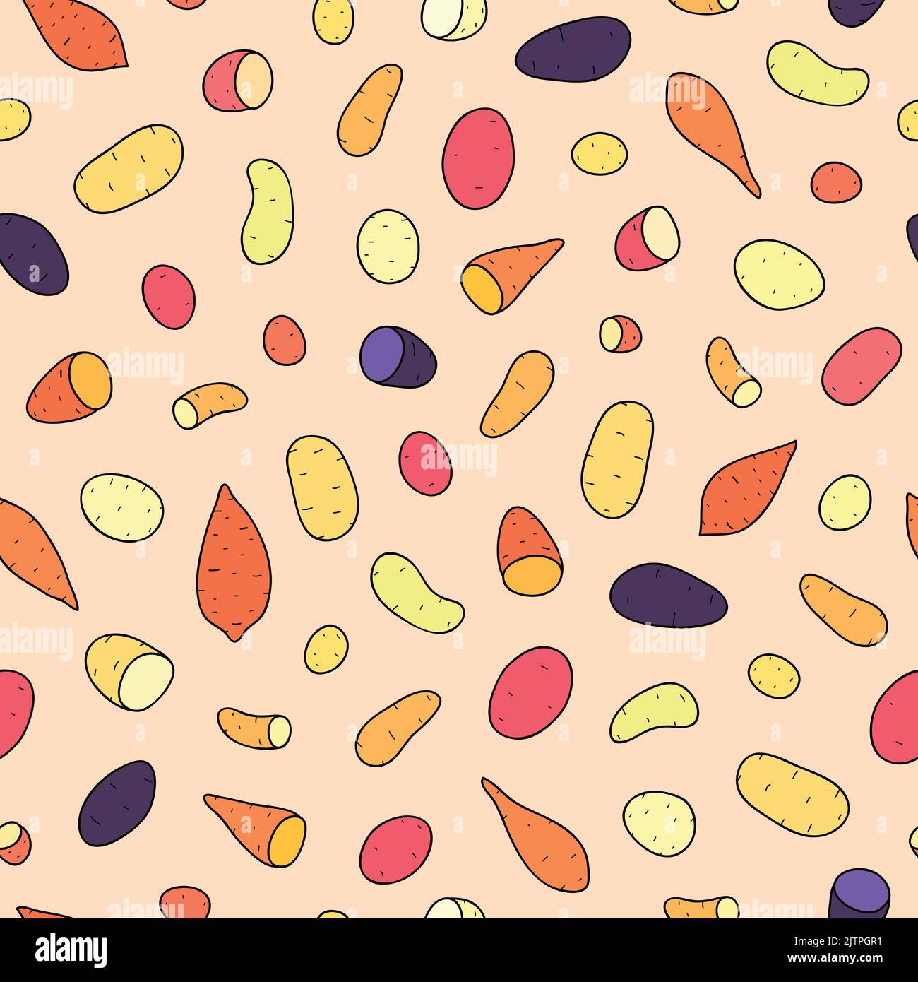 Colorful seamless pattern with hand drawn potatoes. Stock Vector