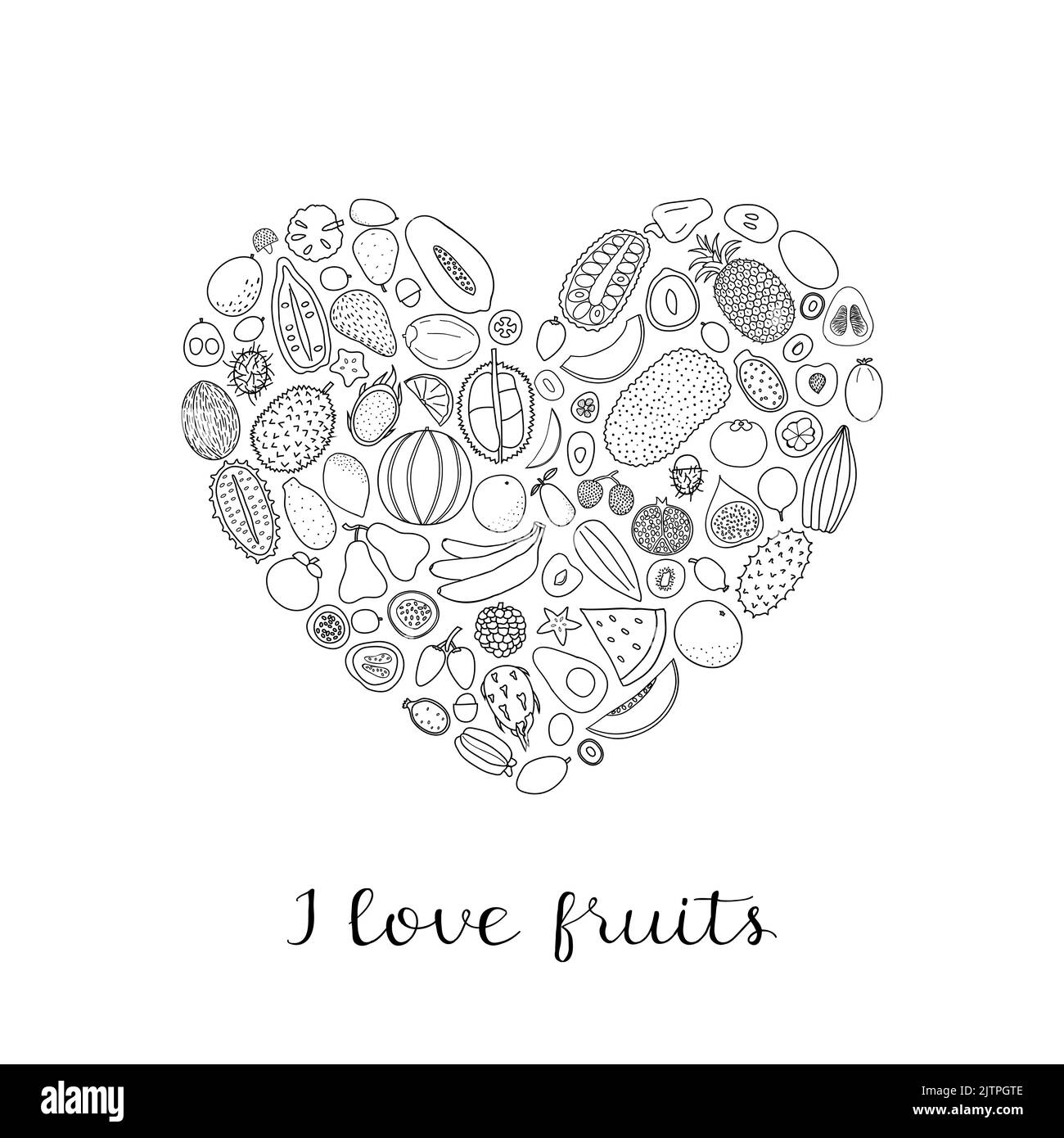 Hand drawn outline tropical fruits in heart shape with lettering stock
