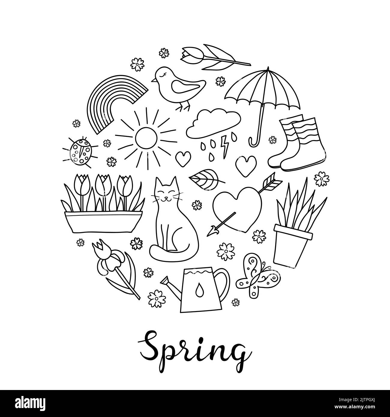 Hand drawn outline spring items including sun, cloud, umbrella, boots ...
