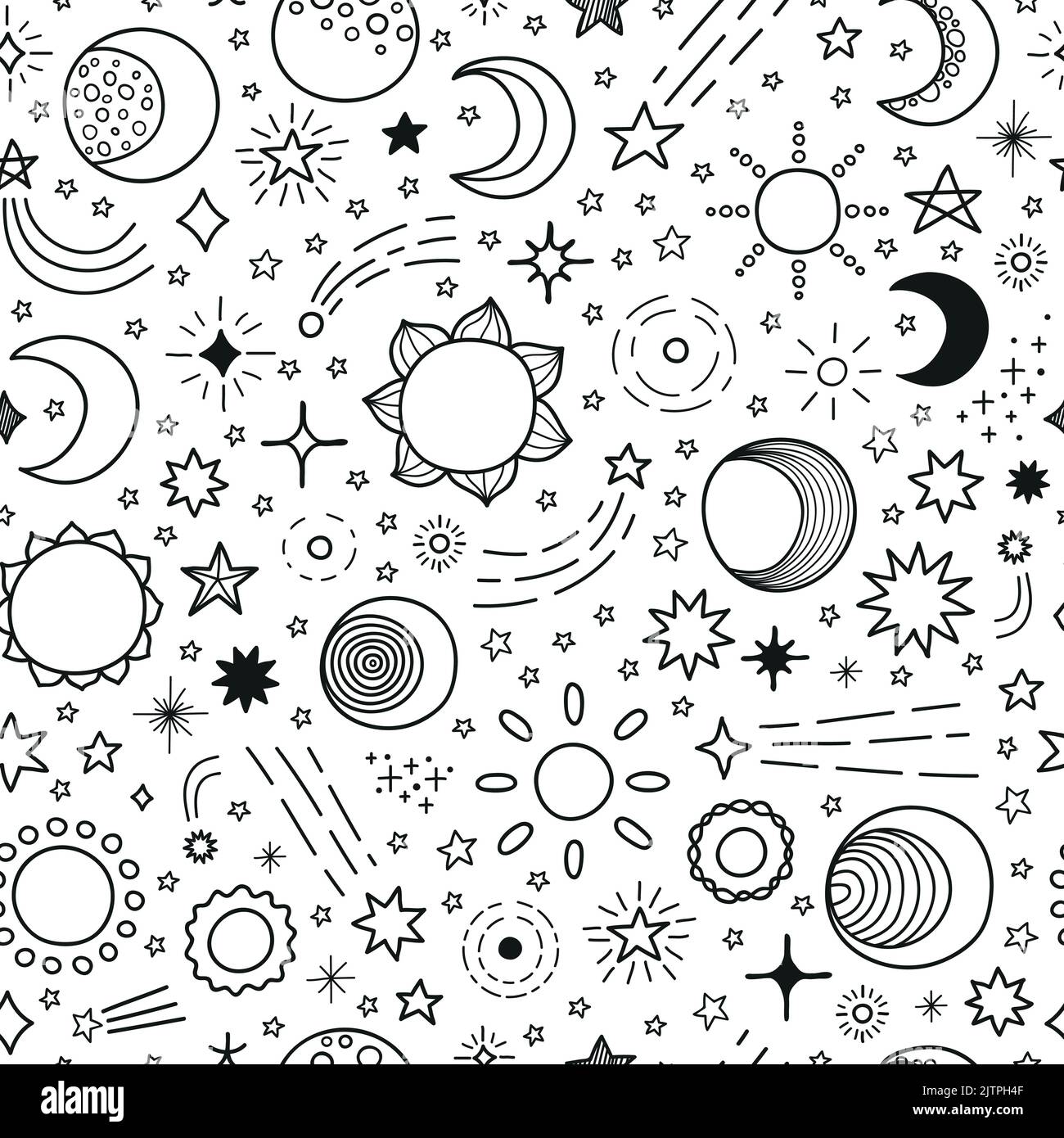 Black and white seamless pattern with hand drawn stars, sun and moon ...