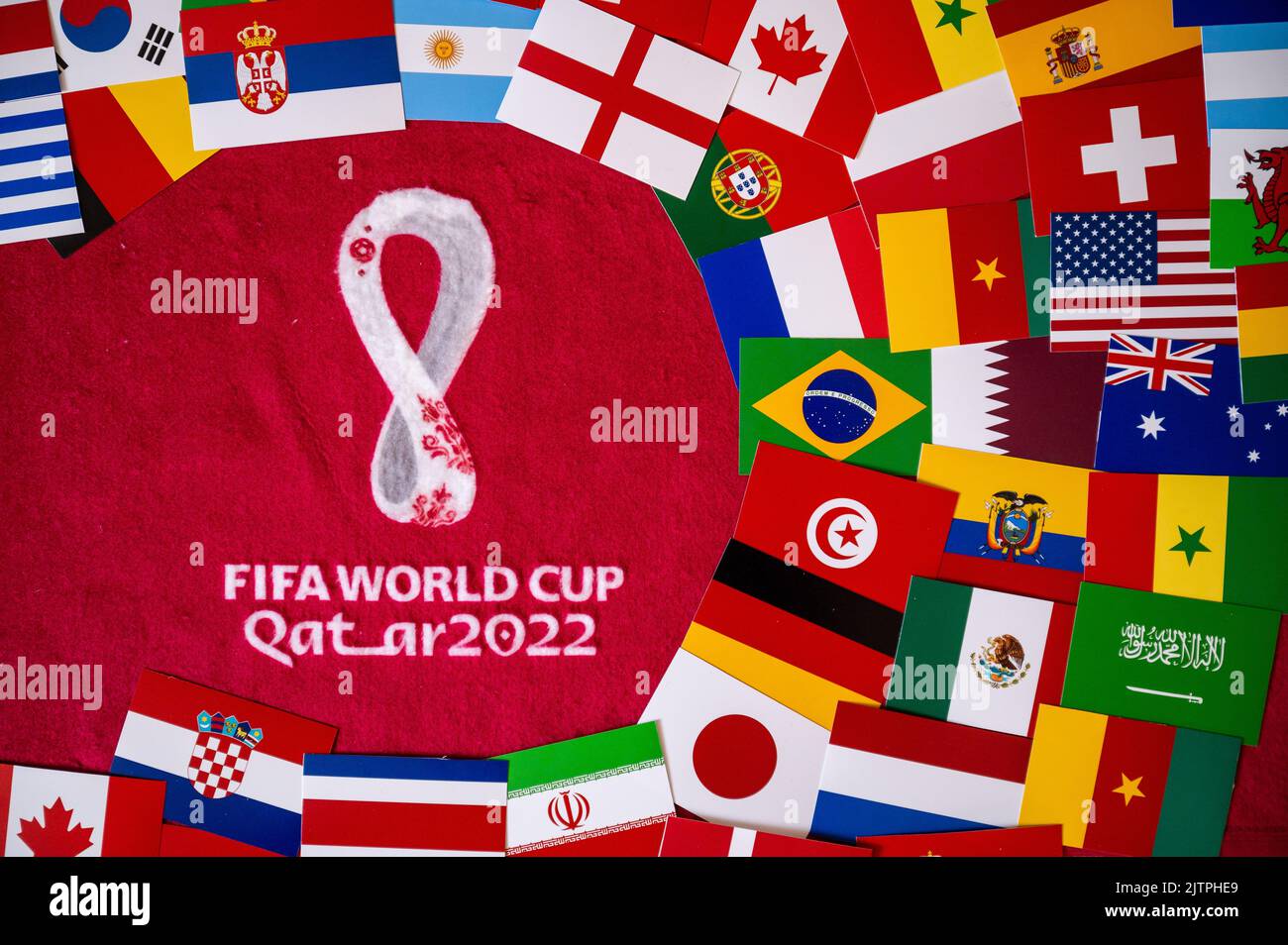 DOHA, QATAR, AUGUST 30, 2022: FIFA World Cup Qatar 2022 official background. Flags of all 32 Countries which will play in Qatar Stock Photo