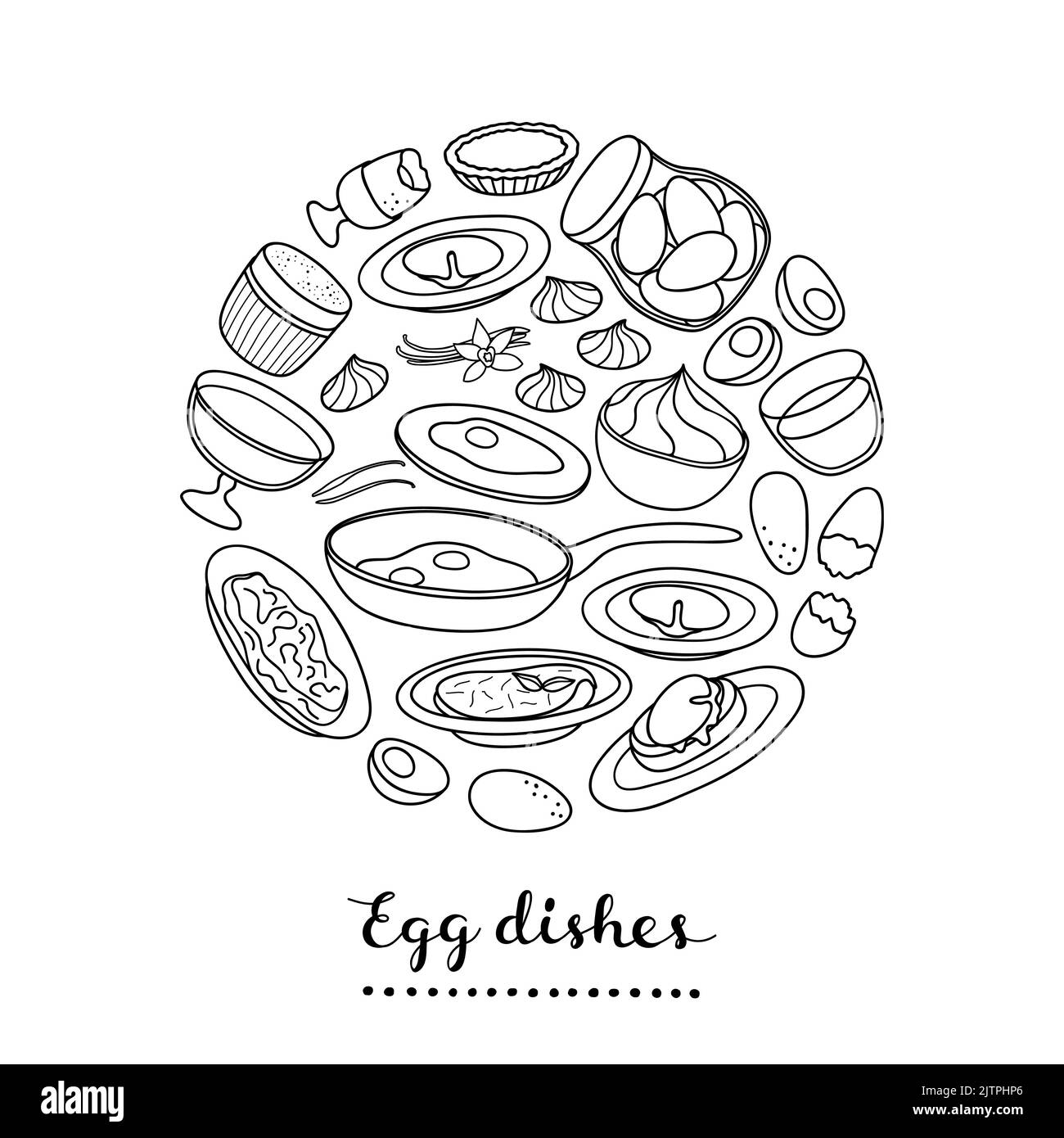 Collection of various hand drawn outline egg dishes composed in circle shape with lettering. Stock Vector