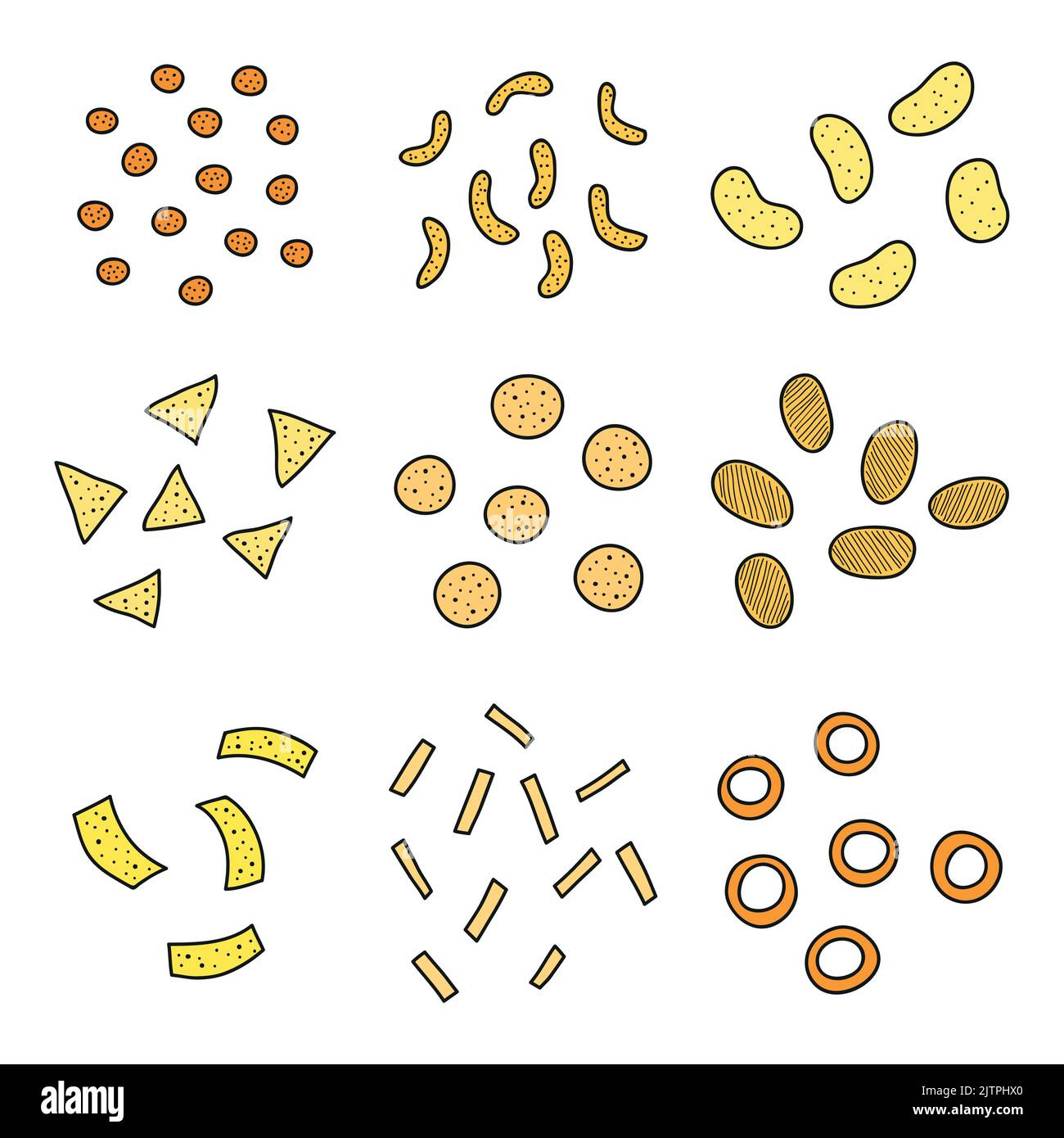 Collection of different hand drawn chips, nachos, tortillas, onion