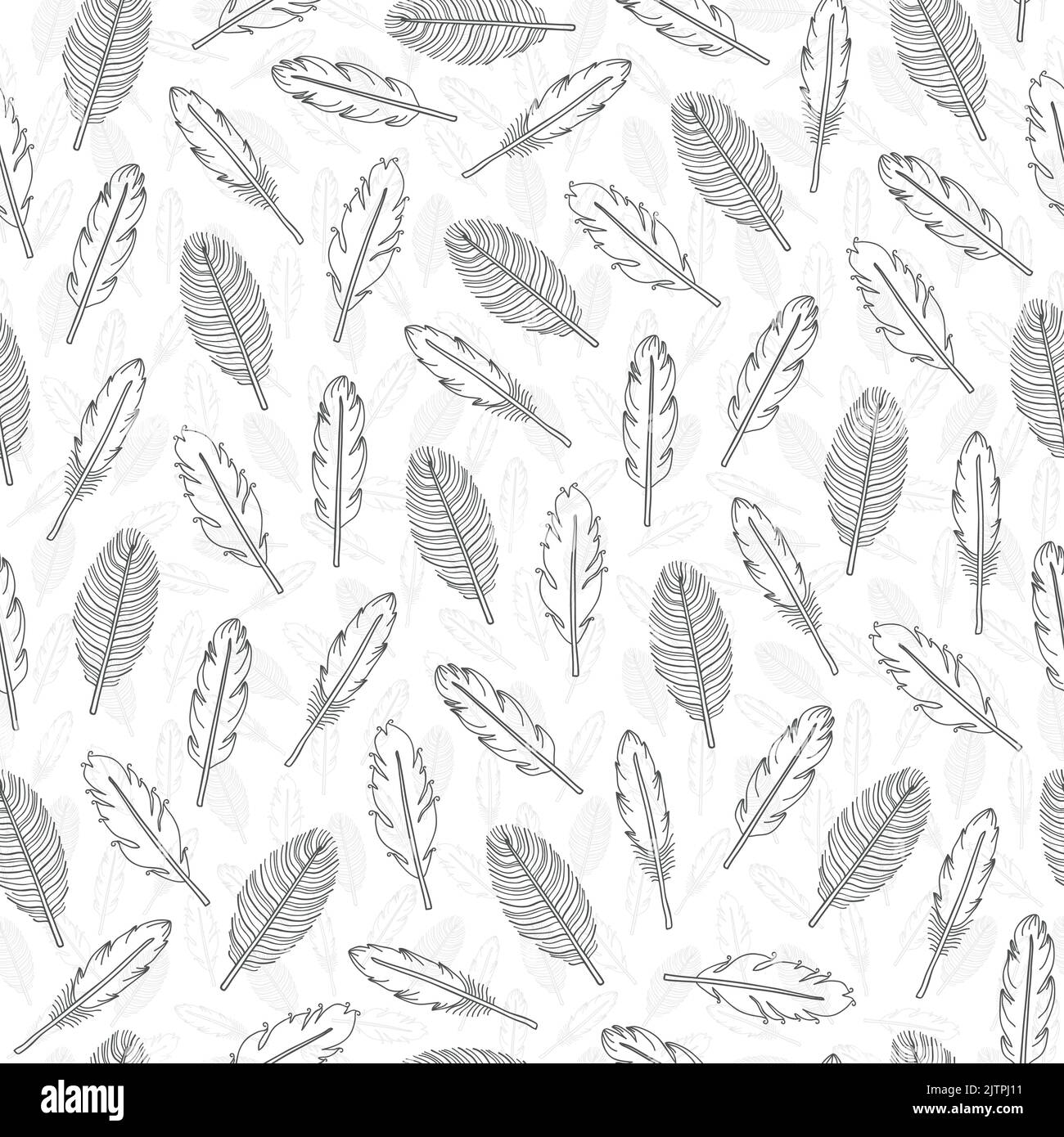 Black and white seamless pattern with hand drawn boho feathers. Stock Vector