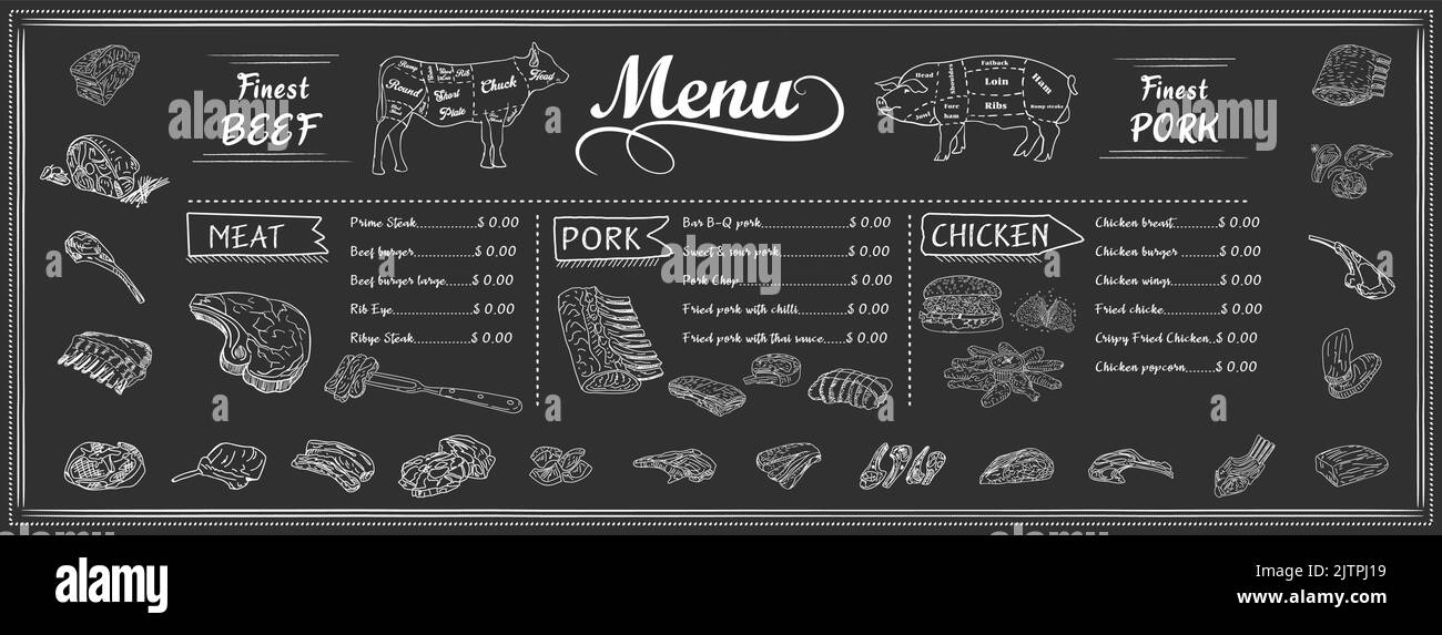 Vintage Butcher shop hand-drawn on a black chalkboard background. Butchery Cow Food Chalk Board Shop. Retro Menu Restaurant poster. Vector. Stock Vector