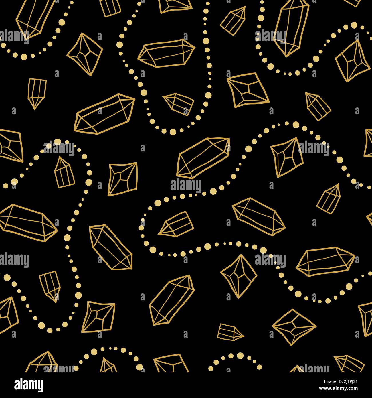 Black seamless pattern with hand drawn outline golden diamond crystals ...