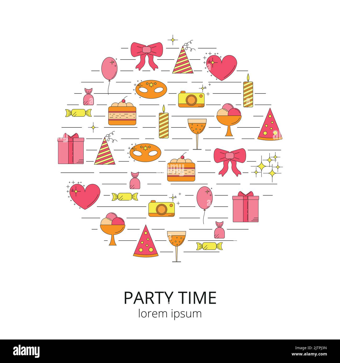 Party and celebration linear icons composed in circle shape isolated on ...