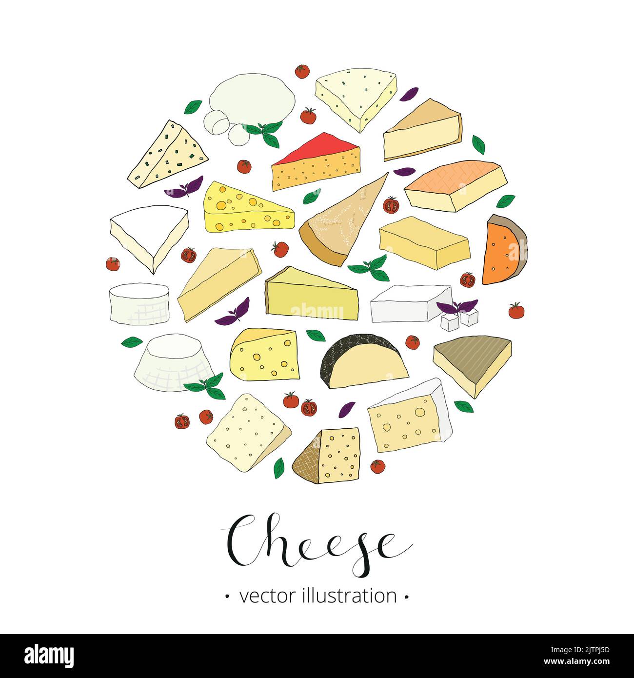 Hand drawn cheese composed in circle shape isolated on white background