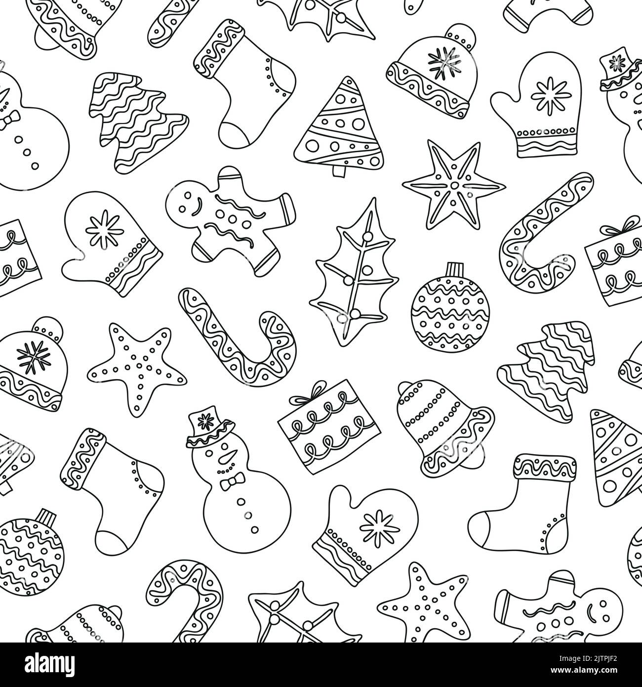 Black and white Christmas seamless pattern with outline decorated ...