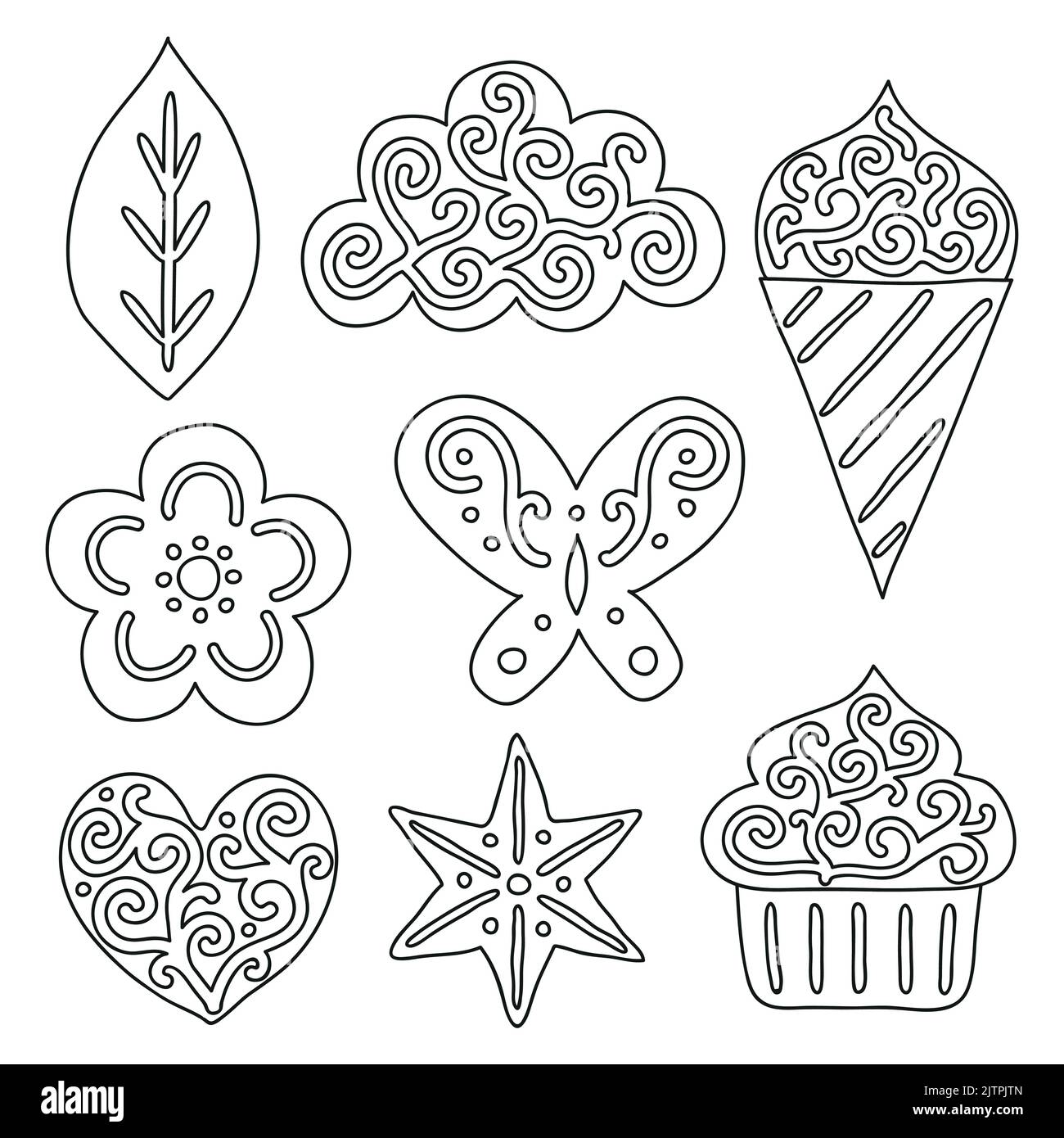 Collection of doodle cute outline cookies with icing isolated on white ...