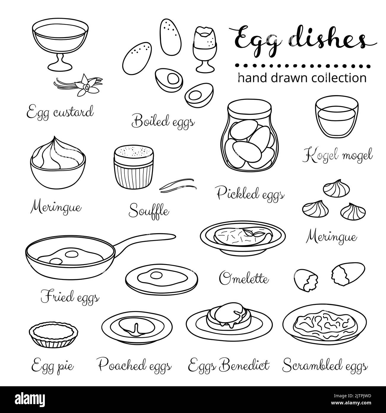 Collection of various hand drawn outline egg dishes isolated on white background. Stock Vector