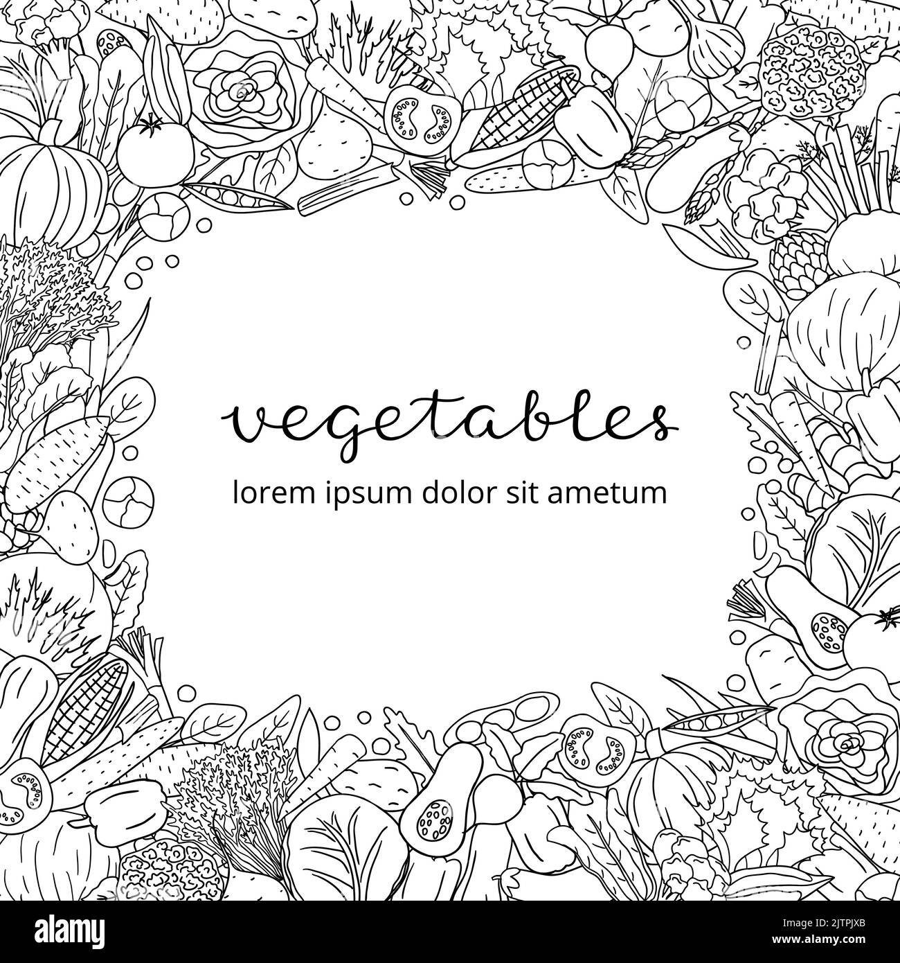 Square background with different uncolored hand darwn vegetables and lettering. Detailed frame design. Used clipping mask. Stock Vector