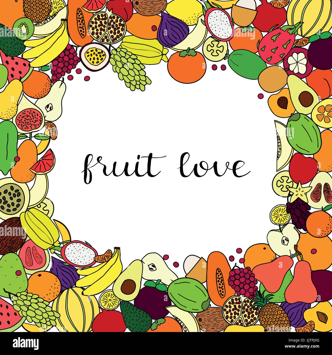 Friuts Lettering Square background with different colorful hand darwn fruits and ...