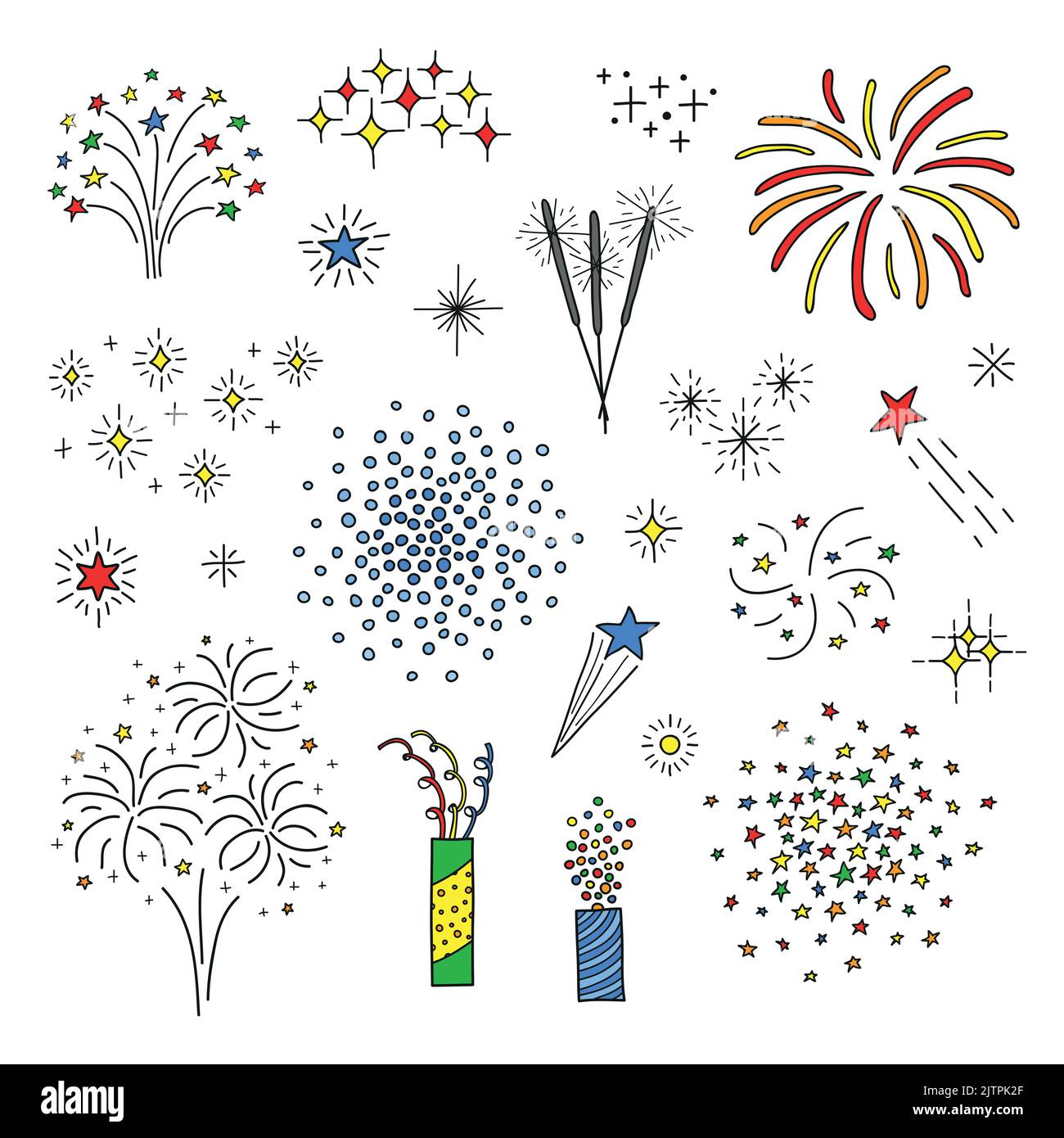 Set of different doodle fireworks and petards isolated on white background. Stock Vector