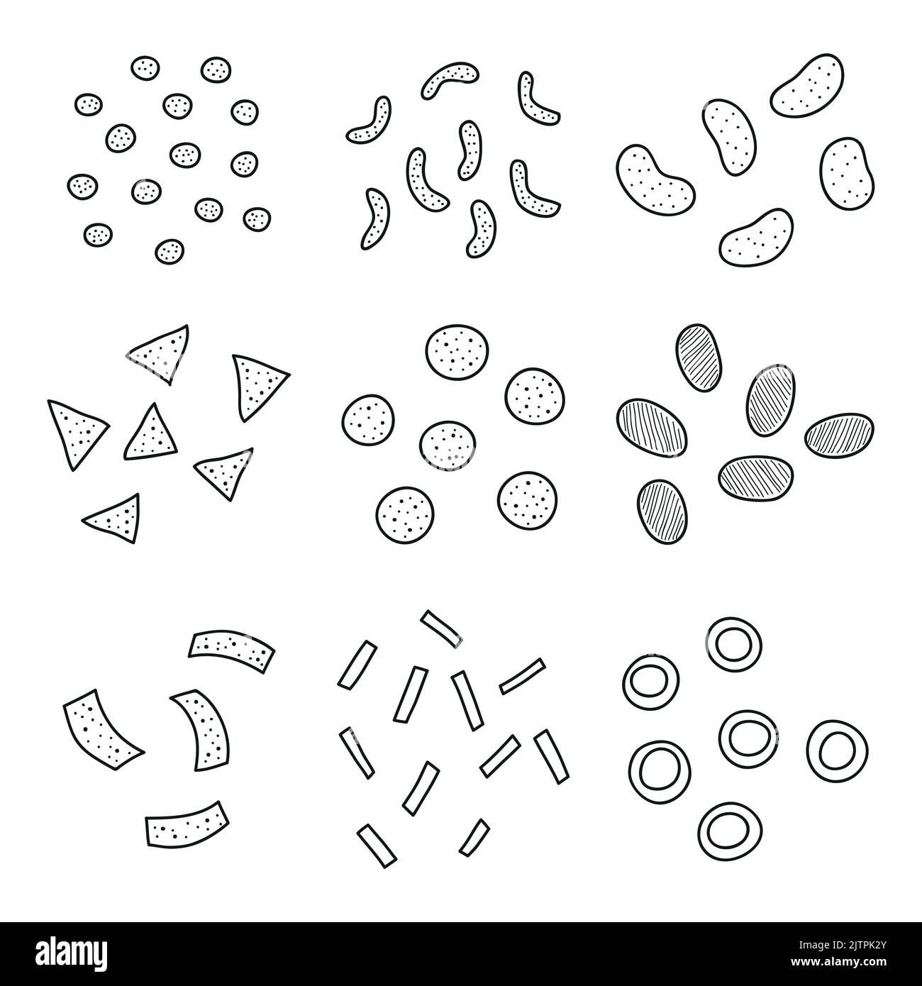 Collection of different hand drawn outline chips, nachos, tortillas ...