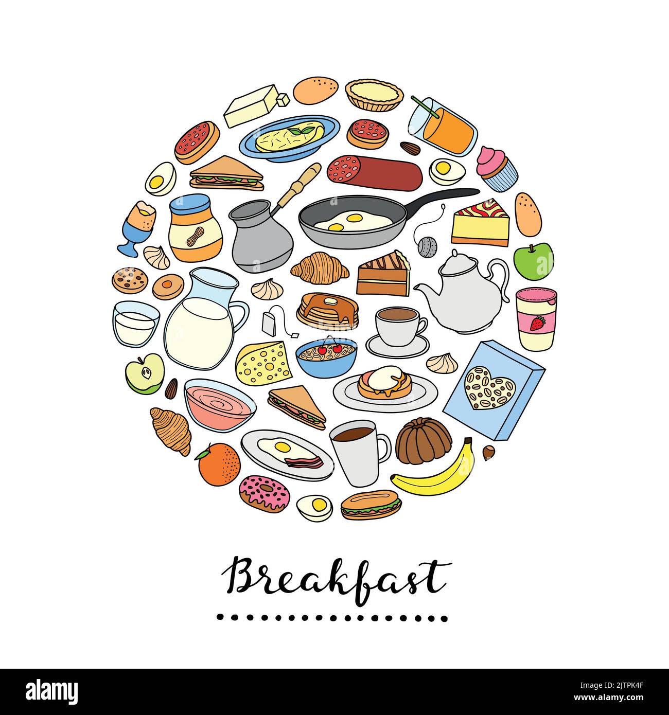 Hand drawn buffet style breakfast dishes including eggs, pancakes