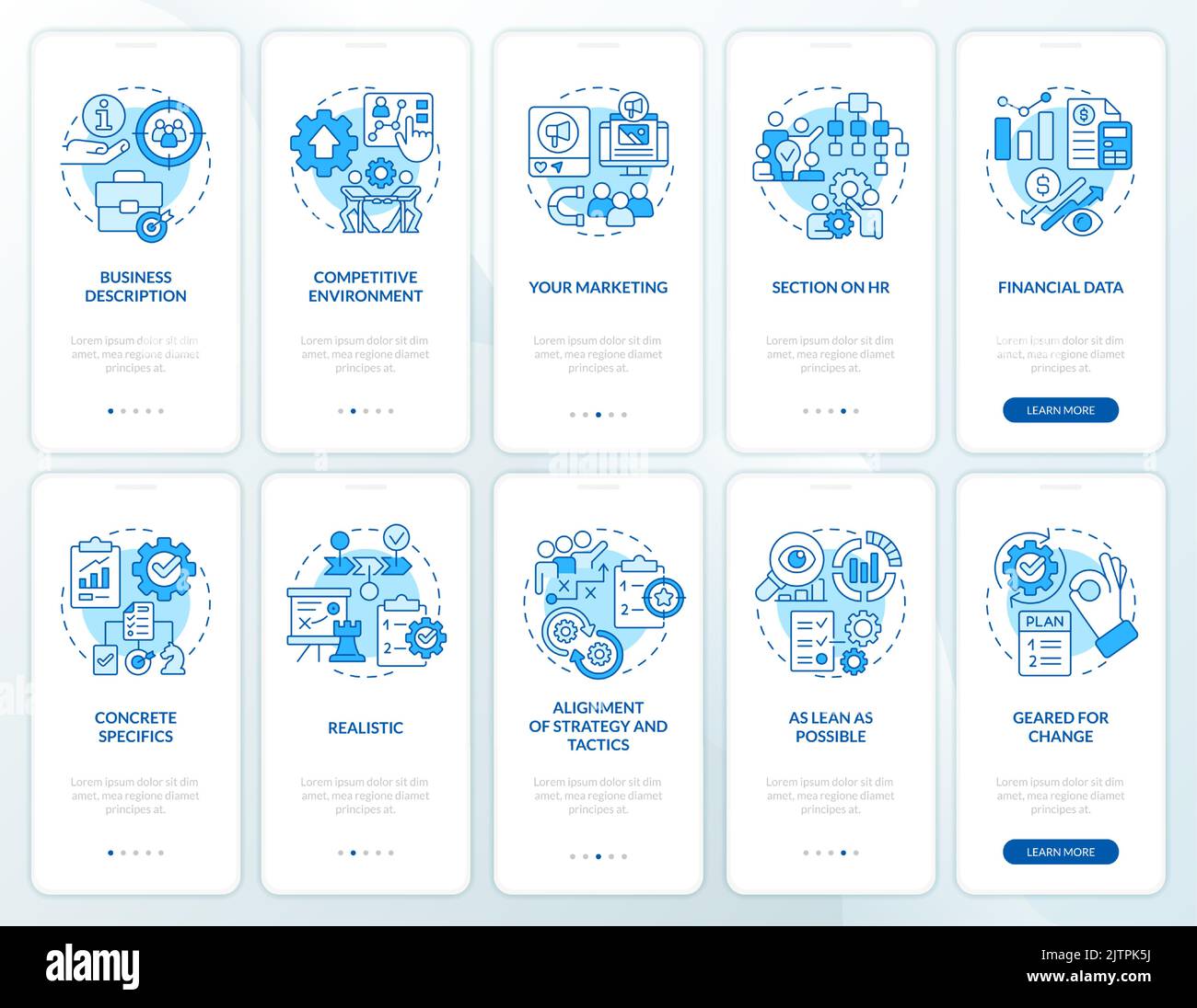 Business planning success blue onboarding mobile app screen set Stock ...