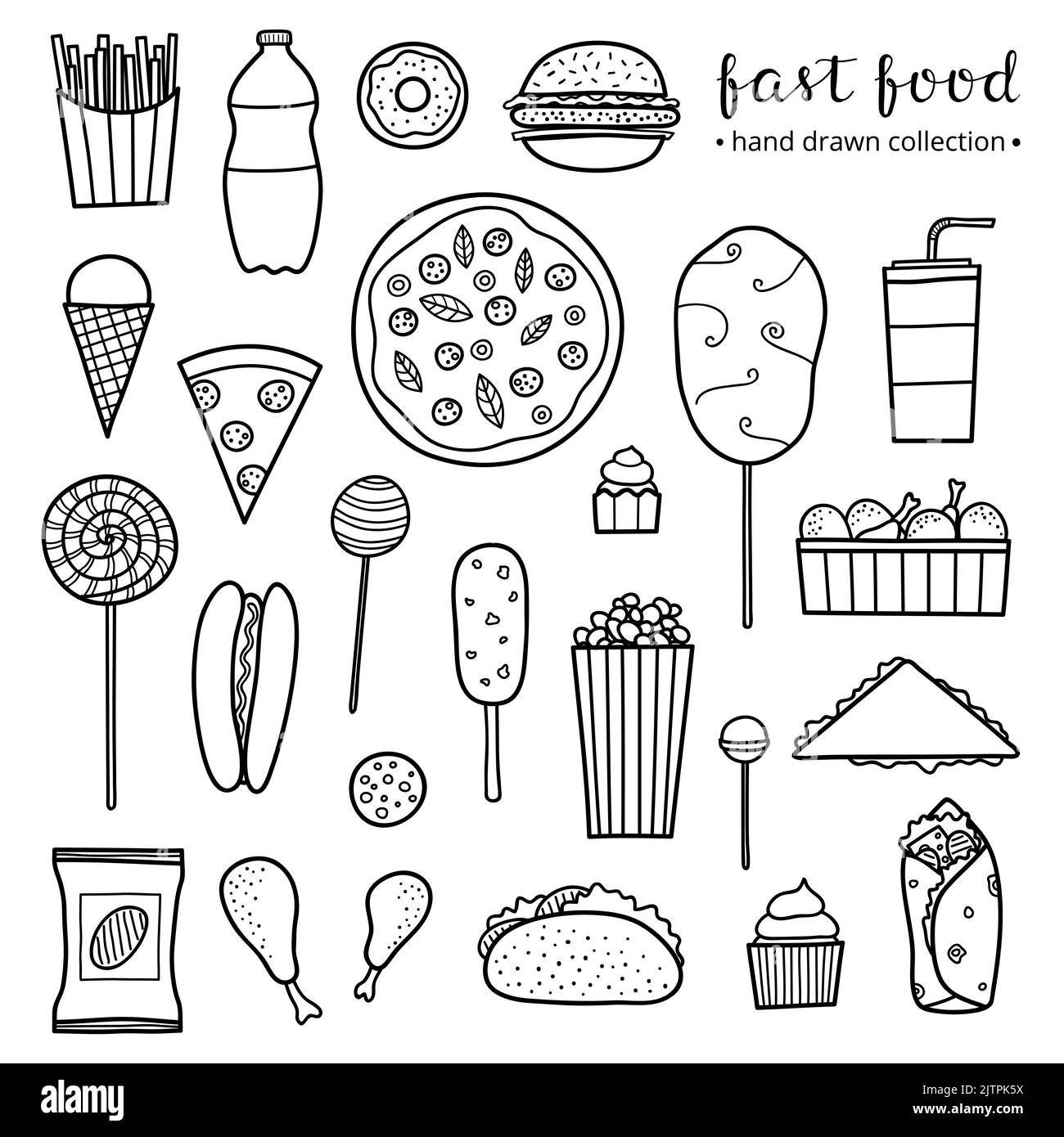 Collection of hand drawn outline fast food meals including pizza, burger, ice cream, cake, hot dog, chicken, taco, cotton candy, lemonade, chips, frie Stock Vector