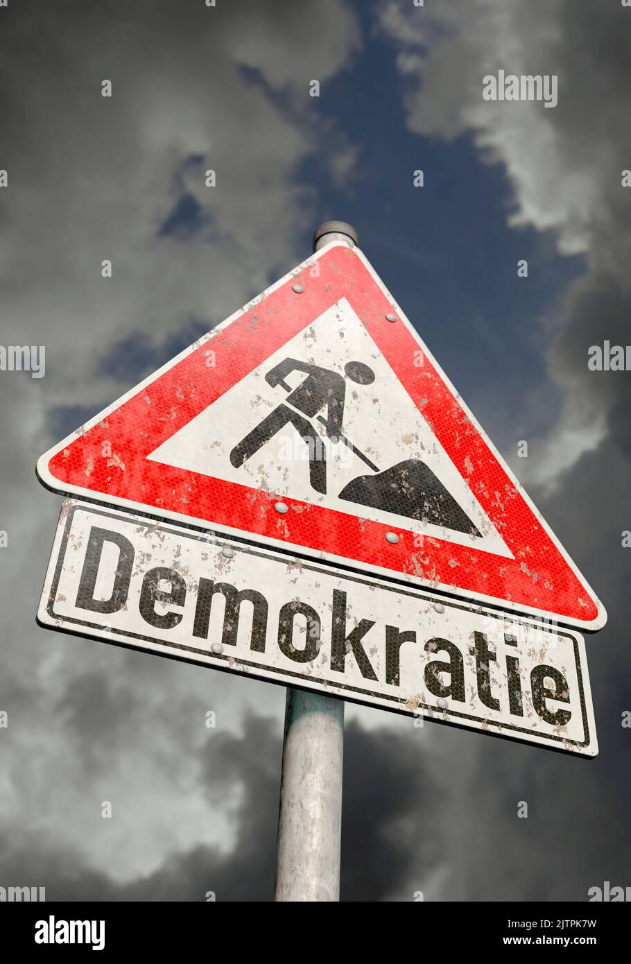 Road sign with the German word 'Demokratie' (Democracy), portrait format Stock Photo