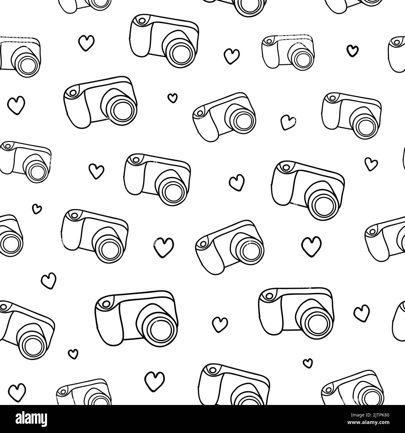 Black and white seamless pattern with outline doodle photo cameras
