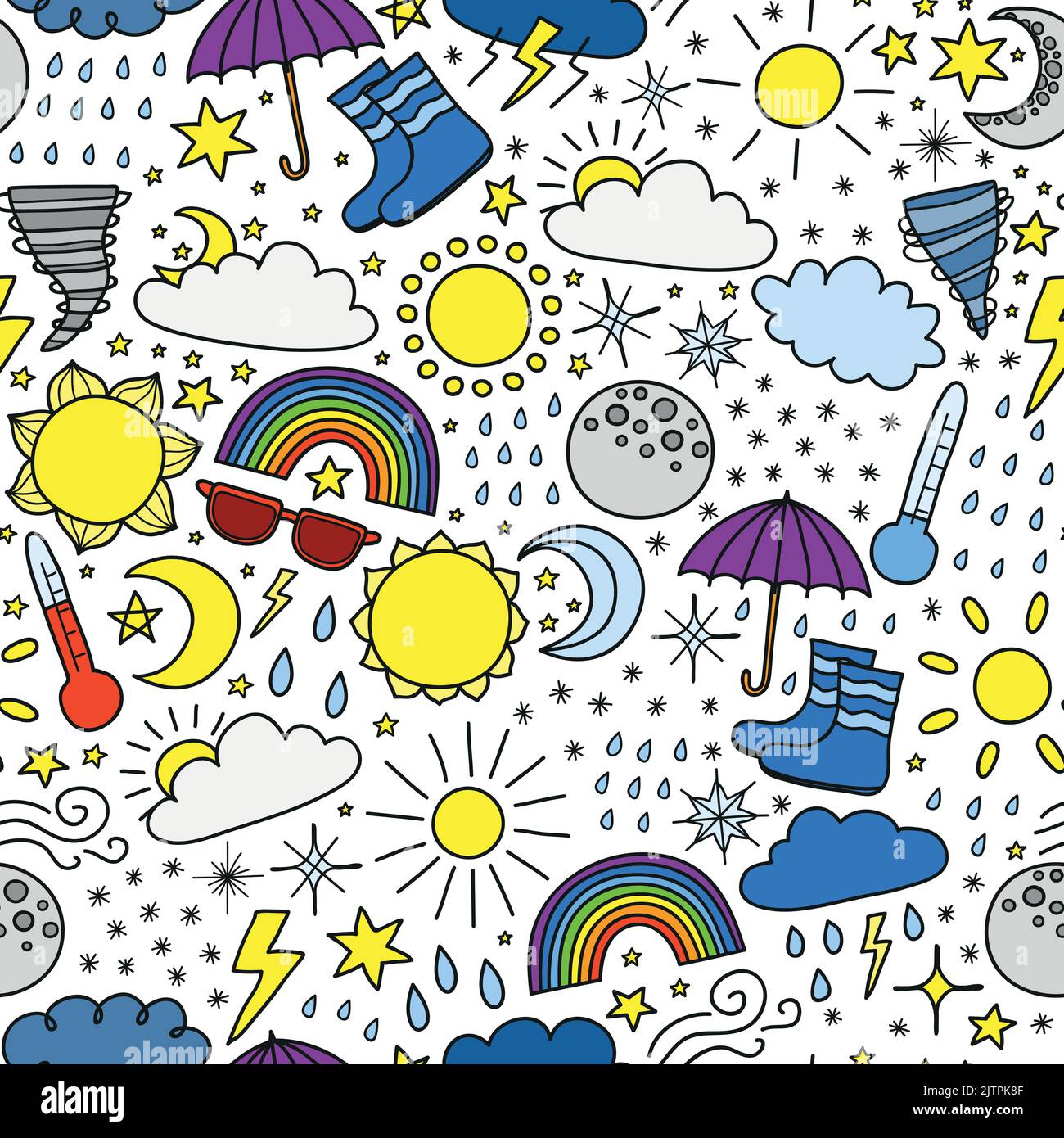 Seamless pattern with colorful doodle weather items. Stock Vector