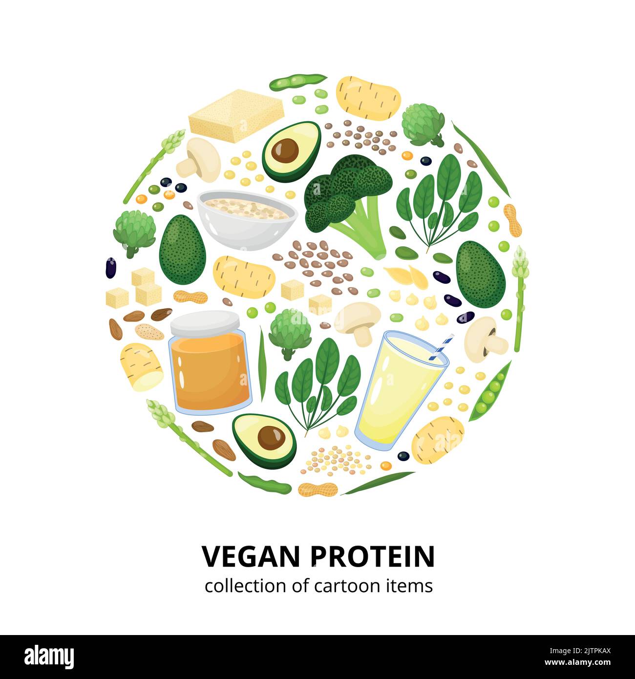 Vegan protein sources in cartoon style composed in circle shape Stock ...
