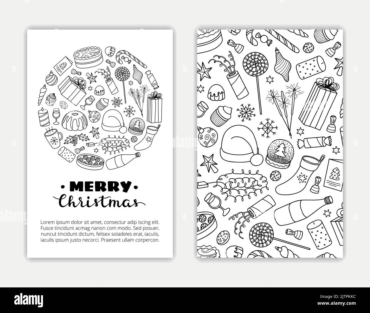 Card templates with hand drawn outline Christmas items. Used clipping
