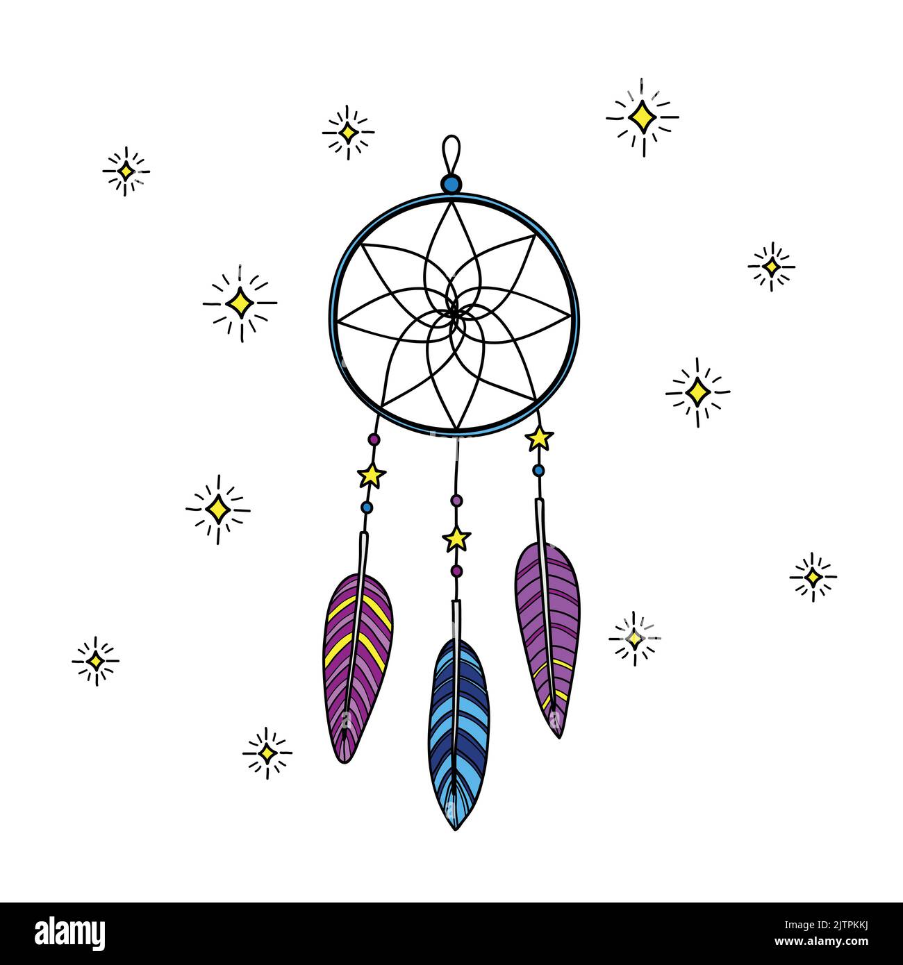 Hand drawn dream catcher with feathers and decor isolated on white ...