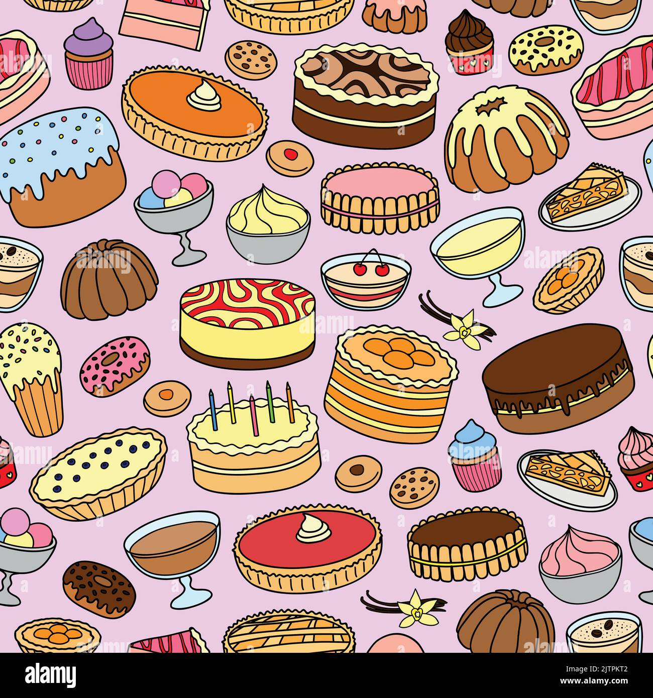 Seamless pattern with different colorful hand drawn cakes. Stock Vector