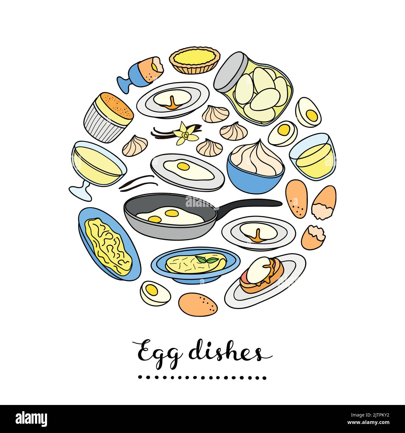 Collection of various hand drawn egg dishes composed in circle shape with lettering Stock Vector