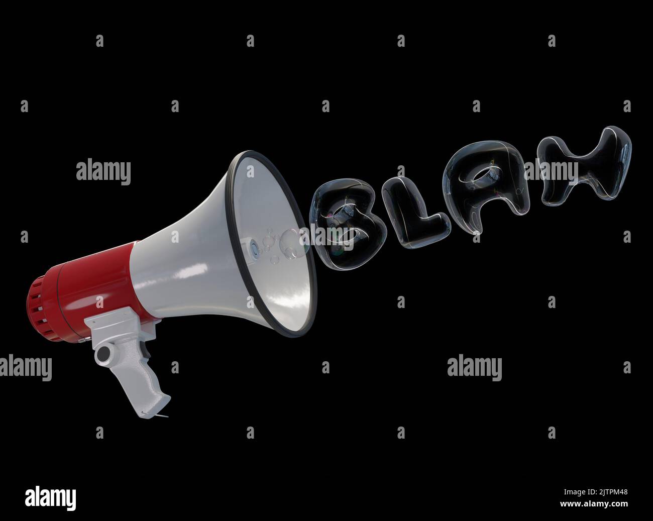 3D generated megaphone on black background, emitting soap bubbles forming the word Blah. Stock Photo